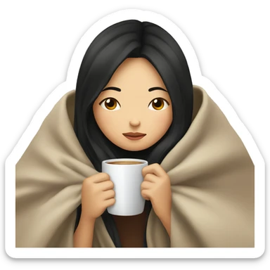 Asian girl inside a blanket sipping coffee eyes closed black hair sticker