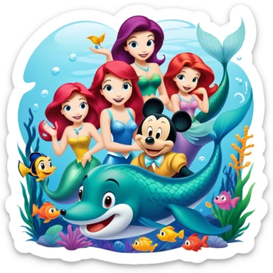 Colorful icon for Animated Movies: A vibrant collage featuring iconic characters like Goofy, Mickey Mouse, Ariel the Little Mermaid, Jasmine, Masha and the Bear, and Luntik. Each character should be large and bright, set against a cheerful and playful background. Transparent background. sticker