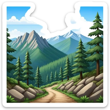 a forest trail or rocky mountain road. The background shows dense trees, steep slopes, and distant peaks under a clear blue sky. sticker