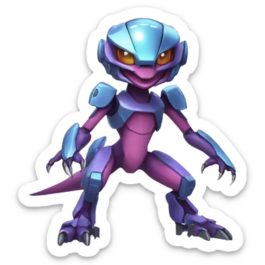 a shiny Genesect-Raptor-Fakémon—hybrid with a futuristic visor-helmet full body sticker