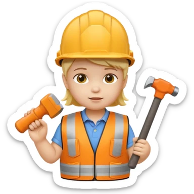 toddler wearing oversized construction helmet and safety vest holding tiny hammer, 3D emoji style sticker