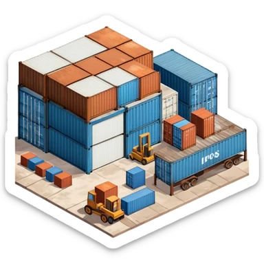 Isometric industrial warehouse with shipping containers outside and loading bay sticker