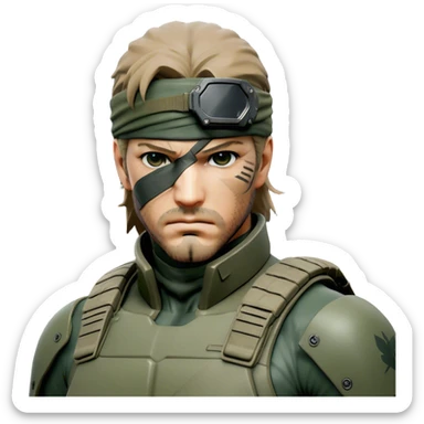 Cinematic Realistic Metal Gear Solid Snake Soldier Portrait, depicted with steely determination and tactical precision. Clad in intricately detailed combat attire in consistent muted greens, browns, and blacks, his rugged, weathered features and piercing eyes exude relentless resolve. Rendered with lifelike texture and dramatic, natural lighting, high shine, noble and stealthy, capturing the essence of a legendary soldier operating in the shadows. sticker