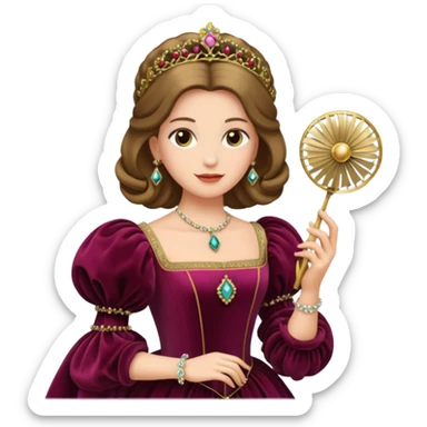 An emoji portrait of a Renaissance Italian princess. She wears a sumptuous velvet gown with a square neckline and puffed sleeves. Her hair is styled with a jeweled ferronnière, and her expression is poised and intelligent. She is holding a small, delicate fan. sticker