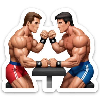 Arnold Schwarzenegger VS Sylvester Stallone from 'Over the Top,' locked in an arm wrestling battle, using only their right hands. Their left hands rest on the table. Both display immense strength, with muscular arms flexing, under bright competition lights. Transparent background. sticker