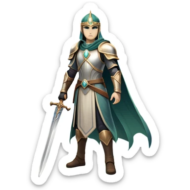 An icon featuring a hero with a closed visor, standing in a majestic, mystical landscape, inspired by RPGs like Elden Ring. The design includes a stunning, ethereal background with towering castles and distant mountains, symbolizing the adventure and mystery. Transparent background sticker