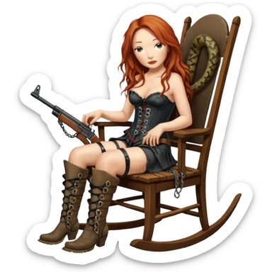 cinematic realistic ultra HD old and tired Tori Amos casually crouches on a rocking chair in a torn corset, holding a double-barreled rifle and with muddy feet. a big snake wrapped itself around the chair sticker