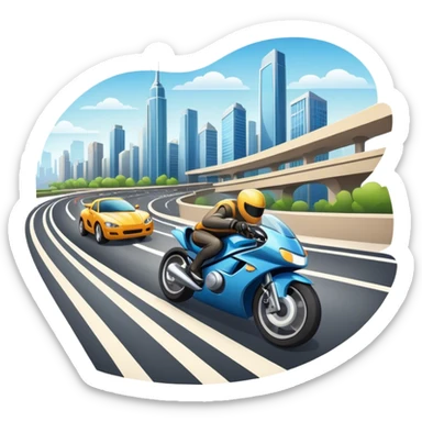 An icon showing a motorcycle and car speeding through a cityscape, with roads and curves ahead. The vehicles leave dynamic trails of speed, representing the thrill of racing and adventure. The background is transparent, focusing on the power and freedom of both cars and motorcycles. sticker