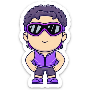 male athlete with white skin and moderately curly black hair on top with shaved sides, wearing ski goggles with purple frames and very dark black lenses, a simple plain black chain necklace, and an open shiny purple vest showing his chest and abs, no earrings sticker