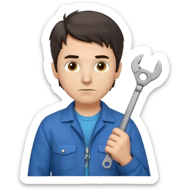 Calm and independent male technician, Caucasian features, short tousled dark hair, serious but composed expression, wearing a blue work jacket over a grey t-shirt, holding a wrench in one hand and a mechanical gear in the other, waist-up, front-facing sticker