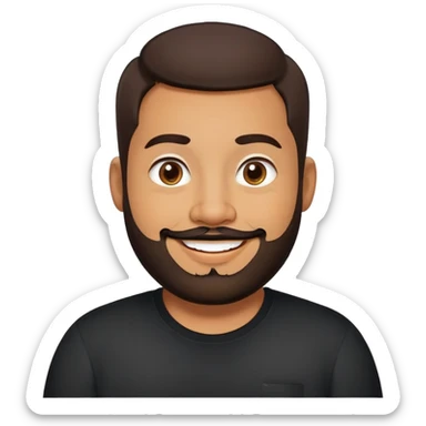 Heavier-set producer with light brown skin, pear-shaped face, full cheeks, big cheerful smile, warm inviting eyes, thick eyebrows, wide nose, short well-groomed beard, very short dark hair, wearing a black shirt sticker