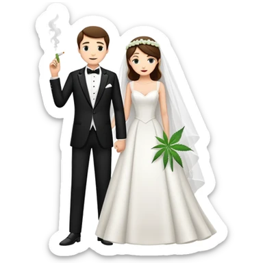 A bride in white wedding dress and groom in tuxedo, full body, smoking cannabis together sticker