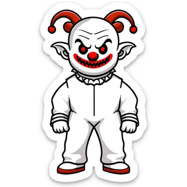full-body demonic clown in a white leisure suit with bellbottom pants, bald, with black ram horns sticker