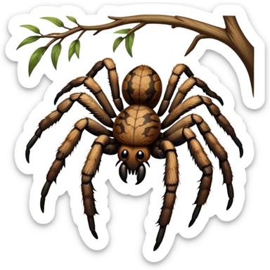 Close-up of a giant hairy tarantula in its natural habitat, with detailed textures of its legs, fangs, and body. The spider is perched on a tree branch, with soft lighting highlighting its features. Transparent background. sticker