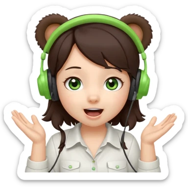 Chibi girl, dark brown hair, green eyes, wearing a white shirt and small brown bear ears on a headset, with wide happy surprised eyes and mouth and clapping excitedly sticker