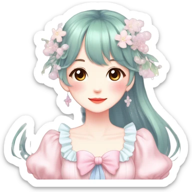 Gorgeous pastel anime style lady with blushing face and a dress cottagecore fairycore  Kawaii anime colorful pearly romantic simplistic aesthetic trending style sticker