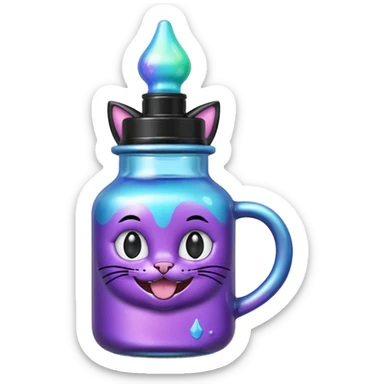 Smiling bottle of oil light purple top and light blue sticking tongue out and with cat ears sticker