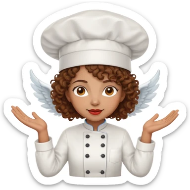 Light brown skinned mixed-race female chef with medium-length curly brown hair, wearing a chef's hat (toque), with both an angel halo and devil horns on her head sticker