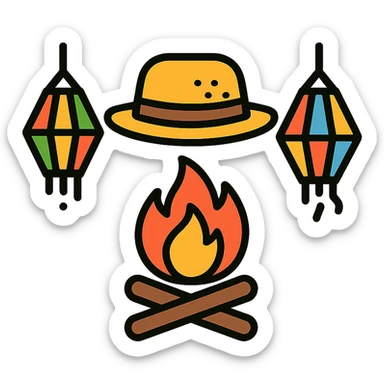 festa junina icon showing a bonfire, straw hat, and paper lanterns, color outline icon style sticker