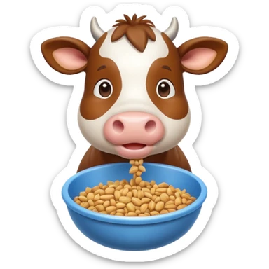 cute cow eating animal feed, hay and grains in a feeding bowl, 3D cartoon, mobile game icon style, clean background, no text, no watermark
 sticker