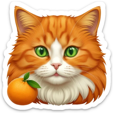 Orange cat eating an orange fruit that has a cat face drawn on it sticker