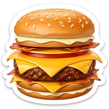 bacon burger object icon, crispy bacon strips, beef patty, melted cheese, sesame bun, 3D cartoon, mobile game icon style, clean background, no text, no watermark
 sticker