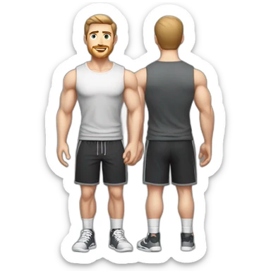 Full height Pale skinned fit man With biceps, Realistic eyes and mouth, light brown hair and stubble In dark gray sleeveless mike, black oversize sports shorts, watch and white sneakers. sticker