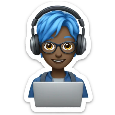 Androgynous character with all blue skin, wearing glasses, holding a laptop, wearing headphones, and smiling sticker