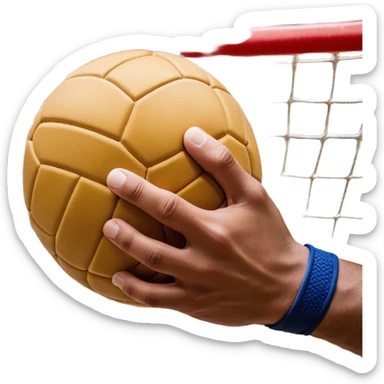 A close-up of a hand gripping a handball, with the handball gates visible in the background. The focus is on the texture of the ball and the strength of the grip, with the goal net slightly blurred to emphasize the anticipation of the throw. sticker