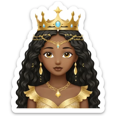 a black beautiful angel with gold pattern on her face and and long wavy black hair, she wears a ethereal crown with sparkling strings and a beautiful sparkling golden gown with moon crest in the middle of the gown, her face calm, gentle and kind, magical aura around her sticker
