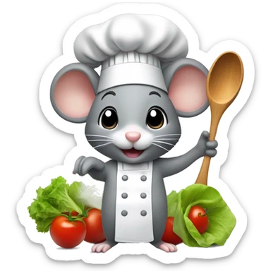 cute grey mouse wearing a chef’s hat holding a wooden spoon and a salad sticker