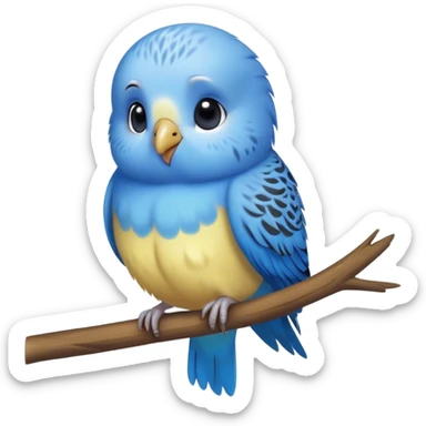 Cinematic Cute Blue Budgie Portrait Emoji, Head tilted playfully and inquisitively, featuring a brilliant blue feathered fur with a natural sheen, round, sparkling dark eyes filled with curiosity, Simplified yet irresistibly adorable features, highly detailed, glowing with a warm, friendly glow, high shine, affectionate and lively, stylized with a touch of whimsy, bright and endearing, soft glowing outline, capturing the essence of a mischievous yet loving budgie, so playful it feels like it could chirp out of the screen and into your arms! sticker