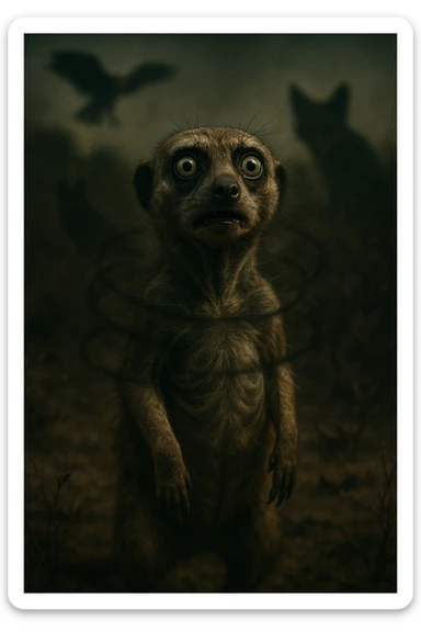 A hyperrealistic, cinematic illustration of a small wild animal, such as a rabbit or a meerkat, with wide, alert eyes and tense body posture, standing in a dry, rugged environment with predators lurking in the shadows. The animal's chest is visibly rising and falling rapidly, representing short, shallow breathing due to constant fear and vigilance. The background is dimly lit, with faint shadows of predators like hawks or foxes barely visible, symbolizing the ever-present threat. Around the animal, subtle visual representations of tension and stress appear as tight, dark rings or smoke near its chest and head, while the environment feels heavy and oppressive. The color palette is muted earth tones, with sharp focus on the animal’s tense face and rapidly moving chest, while the environment around is slightly blurred, emphasizing the feeling of isolation and perpetual fear. The style is 35mm film hyperrealistic with a storytelling, National Geographic documentary aesthetic, capturing the concept of an animal constantly living in fight-or-flight, breathing fast and shallow to survive sticker