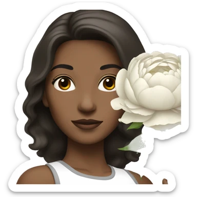 A white woman with shoulder length dark brown hair holding a bouquet of white peonies sticker
