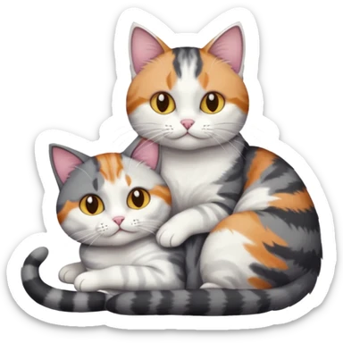 two cats in love, a colourful light patched calico + white tabby cat cuddling a bigger cat that is dark grey and white tabby cat sticker