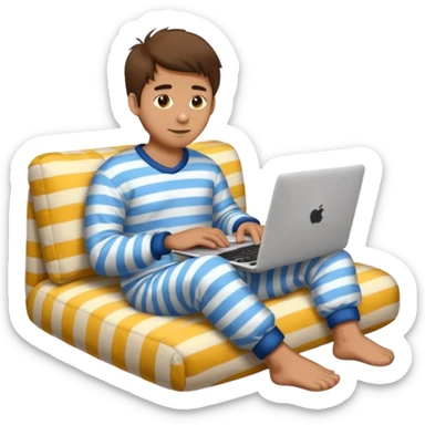 man in striped pajamas and fuzzy slippers typing on a laptop, emoji style sticker