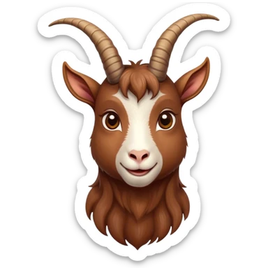 Cinematic Cute Brown Goat Portrait Emoji, Head tilted playfully and inquisitively, featuring a glossy, rich brown fur with charming curved horns, round, sparkling eyes filled with gentle curiosity, Simplified yet irresistibly adorable features, highly detailed, glowing with a warm, friendly glow, high shine, affectionate and lively, stylized with a touch of rustic whimsy, bright and endearing, soft glowing outline, capturing the essence of a mischievous yet loving goat, so playful it feels like it could trot out of the screen and into your arms! sticker