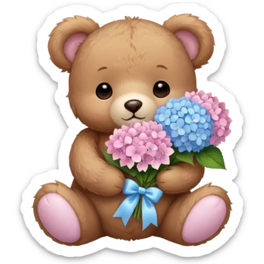 light brown teddy bear super cute holding a light pink and light blue bouquet of hydrangeas sticker