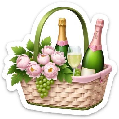 White Picnic basket with light pink bow, white peonies, grapes and one pink champage bottle inside sticker