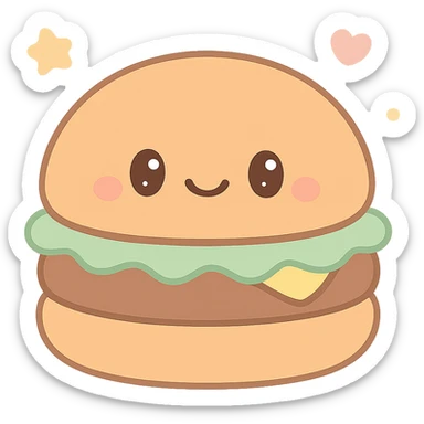 burger squishmallow, soft plush style, cute face, rounded shape, plush texture, adorable and cuddly sticker