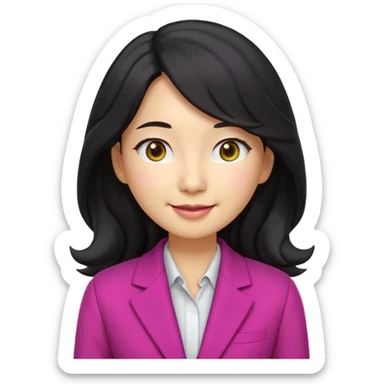 Ultra cute 3D emoji of a Korean woman, long wavy black hair, big brown eyes, small nose, warm smile, smooth pastel skin, wearing a magenta blazer over a dark top, on a solid lemon yellow background. Clean Pixar-style, soft lighting, simple shapes, no text, no background objects, high resolution. sticker