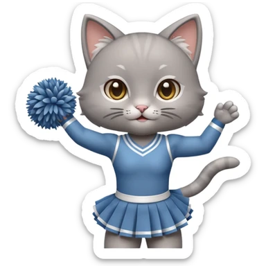 A cute chibi sleek grey cat cheerleader twirling pom-poms with confident energy. sticker