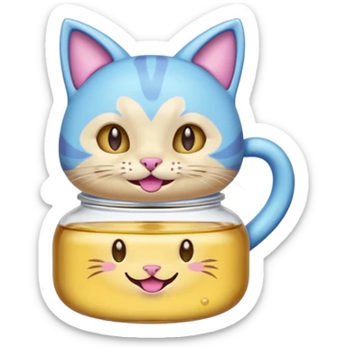 Smiling bottle of oil light purple top and light blue sticking tongue out and with cat ears sticker