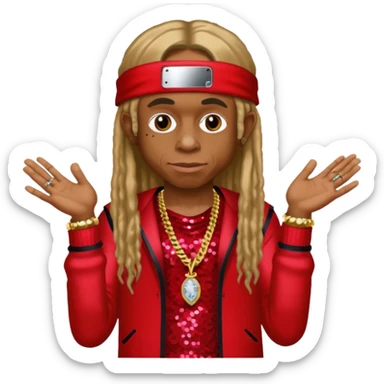 Lil Wayne with long dark blonde hair, red sequin outfit sticker