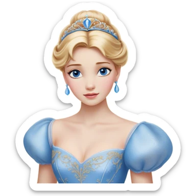 Cinematic Realistic Cinderella Portrait, depicted with lifelike skin texture, subtle rosy undertones, and soft natural lighting that enhances the gentle contours of her face. Her intricately detailed golden blonde hair is elegantly styled in an updo, with delicate wisps framing her face for added realism. Her deep, expressive blue eyes radiate warmth and sincerity, reflecting a quiet resilience and grace. She is dressed in her iconic ball gown, the fabric shimmering with intricate embroidery and fine translucent layers that catch the light beautifully. The soft sheen of satin gloves and the delicate sparkle of a glass-like slipper peeking from beneath her dress add a touch of magical realism. The portrait features an enchanting glow with a natural, luminous finish, seamlessly blending realism and fairytale charm to evoke a sense of depth, elegance, and timeless beauty. sticker