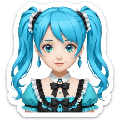 anime-style female character with bright turquoise hair styled in twin tails and matching blue eyes. Her outfit is a frilly turquoise and black dress in a Lolita-esque style, heavily contrasted with black ribbons and trim. A key detail is the"AWP" logo printed in black on the chest. happy variant sticker