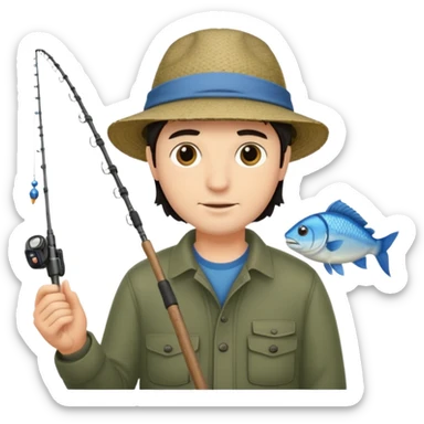 GRANJERO PIEL CLARA Y PELO OSCURO  CON CAÑA DE PESCAR Y UN PESCADO EN LA CAÑA QUE SEA HOMBRE sticker