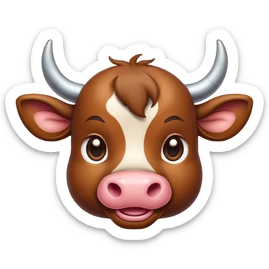 Cinematic Cute Brown Bull Portrait Emoji, Head tilted playfully and inquisitively, featuring a glossy, robust brown hide with a natural sheen, round, sparkling dark eyes filled with gentle curiosity, Simplified yet irresistibly adorable features, highly detailed, glowing with a warm, friendly glow, high shine, affectionate and imposing, stylized with a touch of rugged charm, bright and endearing, soft glowing outline, capturing the essence of a mischievous yet loving bull, so playful it feels like it could stomp out of the screen and into your arms! sticker