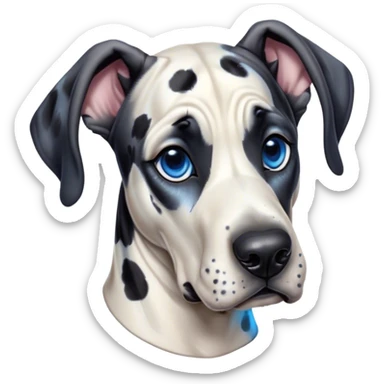 Cinematic Cute Harlequin Great Dane Portrait Emoji, Head tilted playfully and inquisitively, featuring a glossy coat of predominantly white with dynamic black patches, round, sparkling blue eyes filled with gentle curiosity, Simplified yet irresistibly adorable features, highly detailed, glowing with a warm, friendly glow, high shine, affectionate and gentle, stylized with a touch of whimsy, bright and endearing, soft glowing outline, capturing the essence of a mischievous yet loving pup, so playful it feels like it could lumber out of the screen and into your arms! sticker