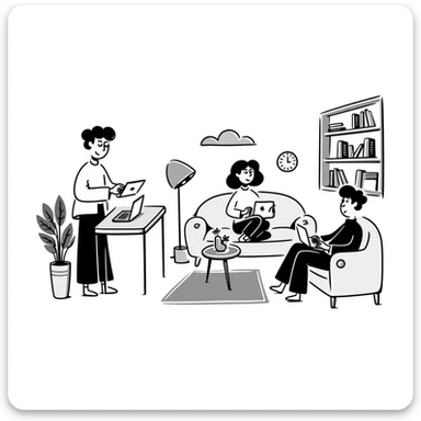 escenary 3d of a cozy mid-century living room with two people working on laptops, one man standing at a desk, and one woman sitting on a couch sticker